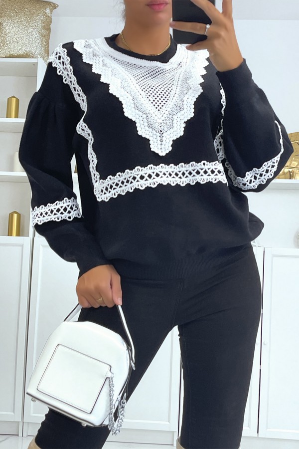 Pull noir over size manche bouffante avec motif en dentelle - 2