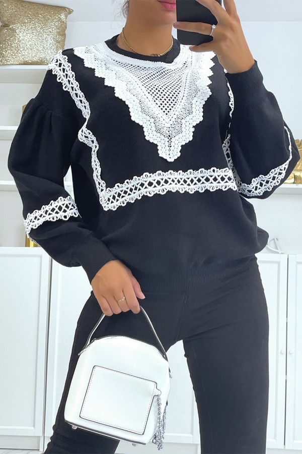 Pull noir over size manche bouffante avec motif en dentelle - 3