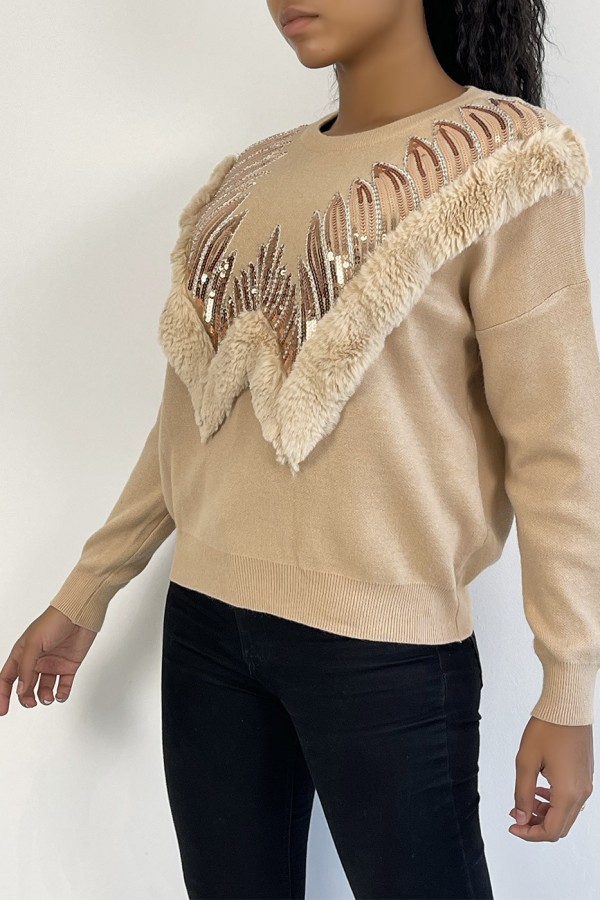 Pull beige à col rond et motif en fausse fourrure et strass - 3