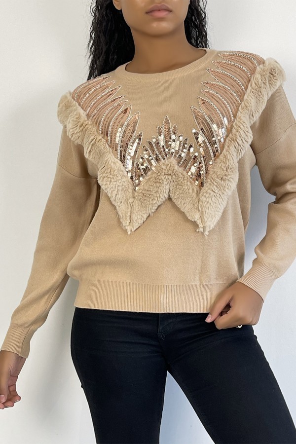 Pull beige à col rond et motif en fausse fourrure et strass - 5