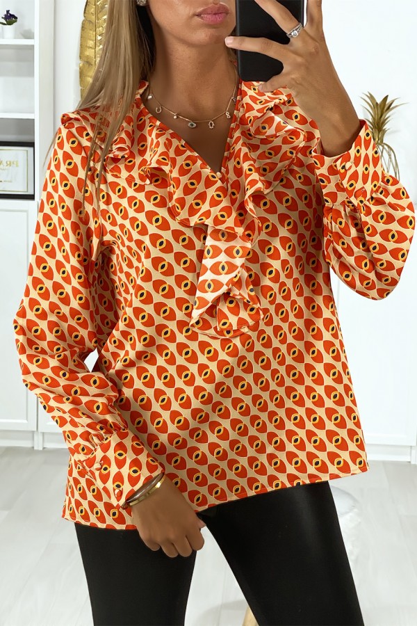 Blouse à motif orange avec volant à l'avant - 1