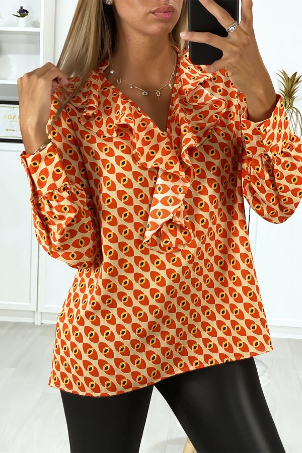 Blouse à motif orange avec volant à l'avant - 2