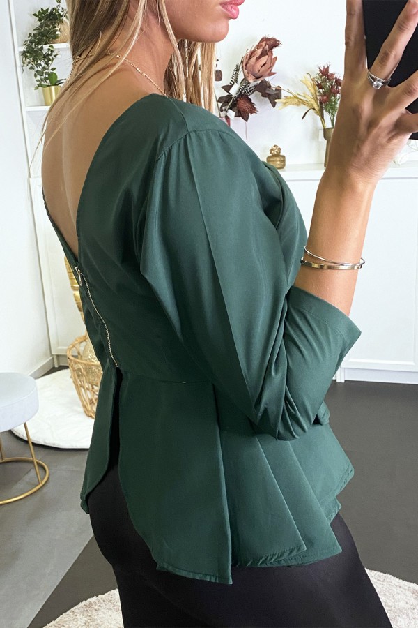 Blouse verte péplum à col et dos plongeant. - 5