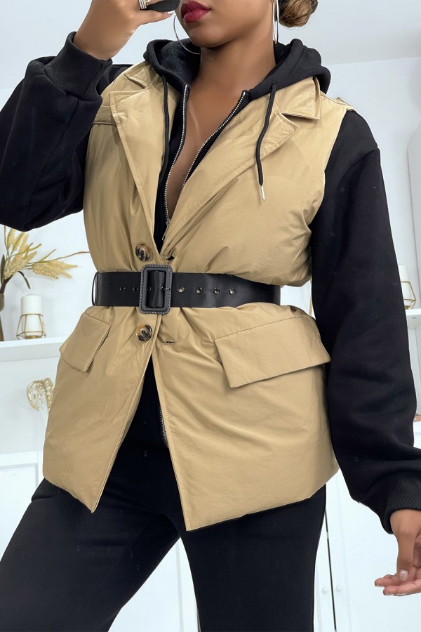 Veste sans manche taupe matelassé avec ceinture - 1