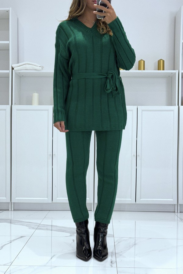 Ensemble pull col v à ceinture et pantalon vert en tricot, très chaud pour l'hiver - 2