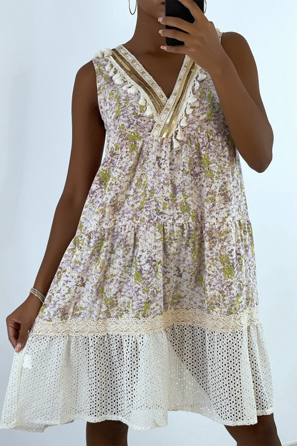 Robe d'été beige à imprimé coloré et crochet style bohème - 5