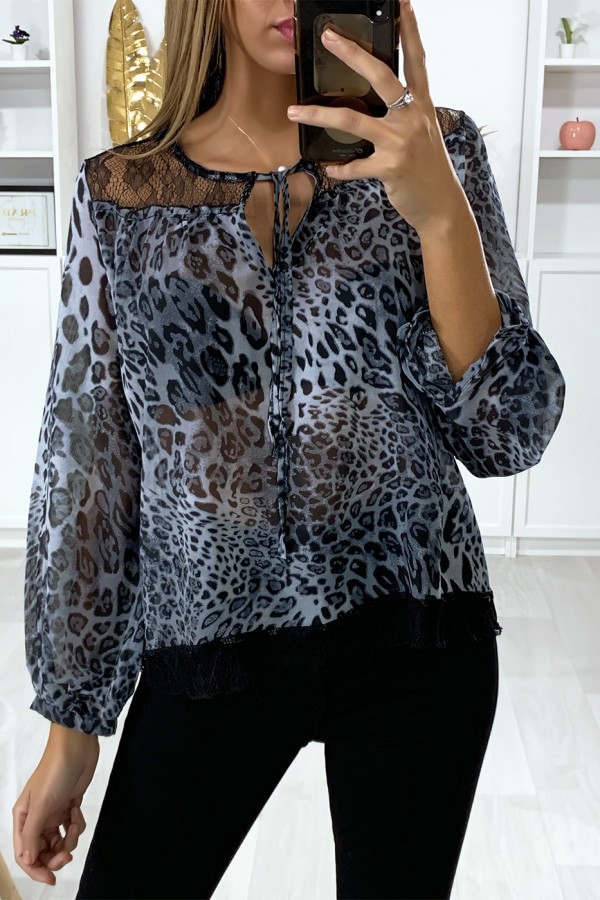 Blouse motif leopard gris avec dentelle au buste - 1