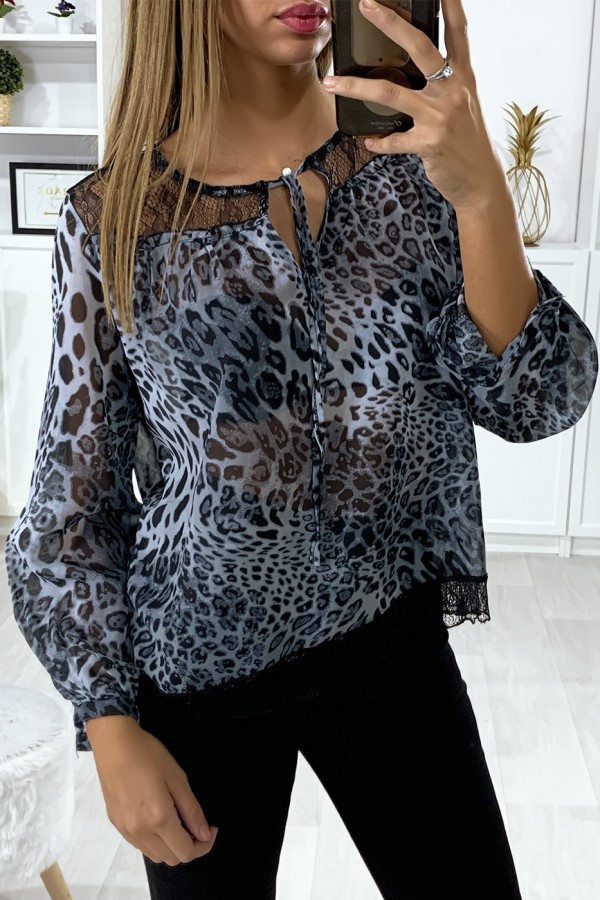 Blouse motif leopard gris avec dentelle au buste - 2