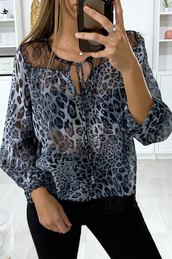 Blouse motif leopard gris avec dentelle au buste - 3