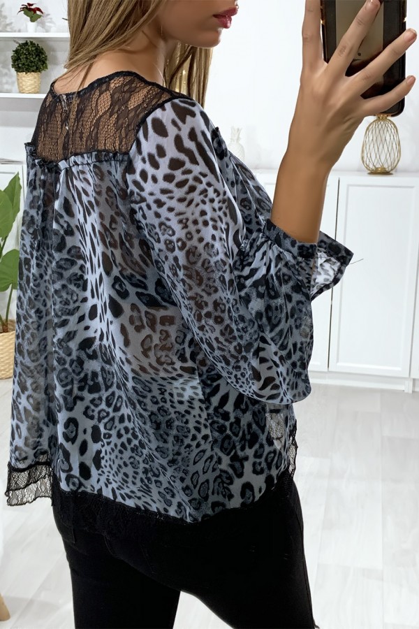 Blouse motif leopard gris avec dentelle au buste - 4