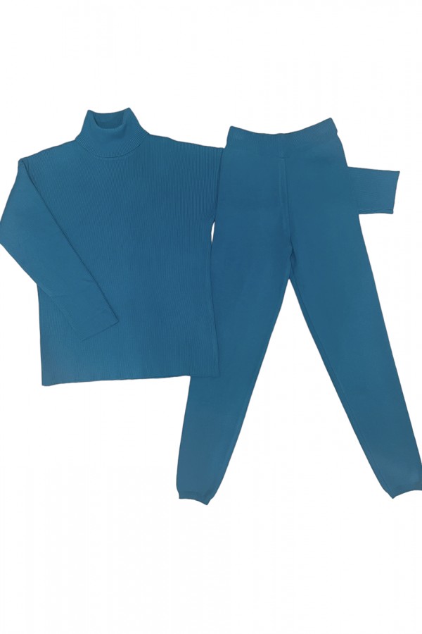 Ensemble pull col roulé over size et jegging en maille côtelé extensible bleu - 1