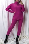 Ensemble pull col roulé over size et jegging en maille côtelé extensible fuchsia - 1