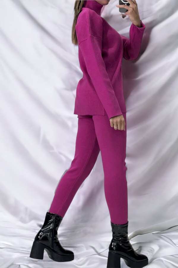 Ensemble pull col roulé over size et jegging en maille côtelé extensible fuchsia - 4