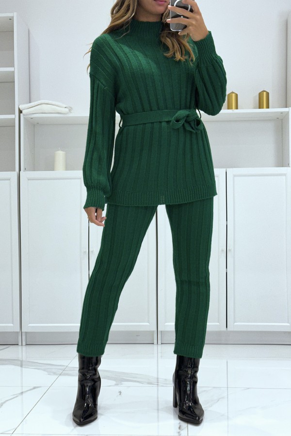 Ensemble pull col haut et pantalon vert en tricot, très chaud pour l'hiver - 1