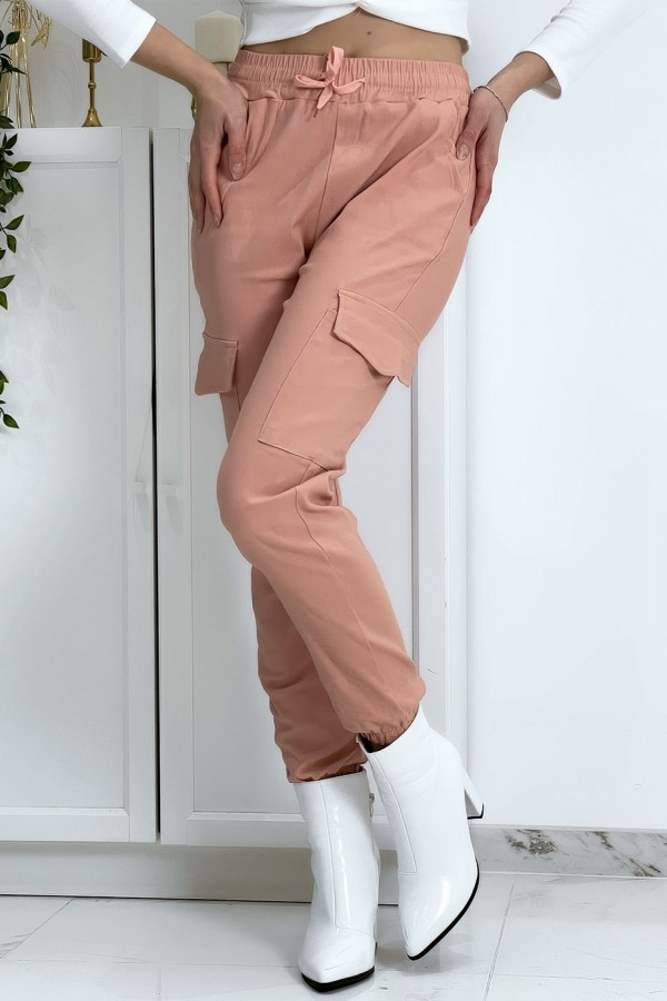 Pantalon treillis rose en strech avec poches - 4