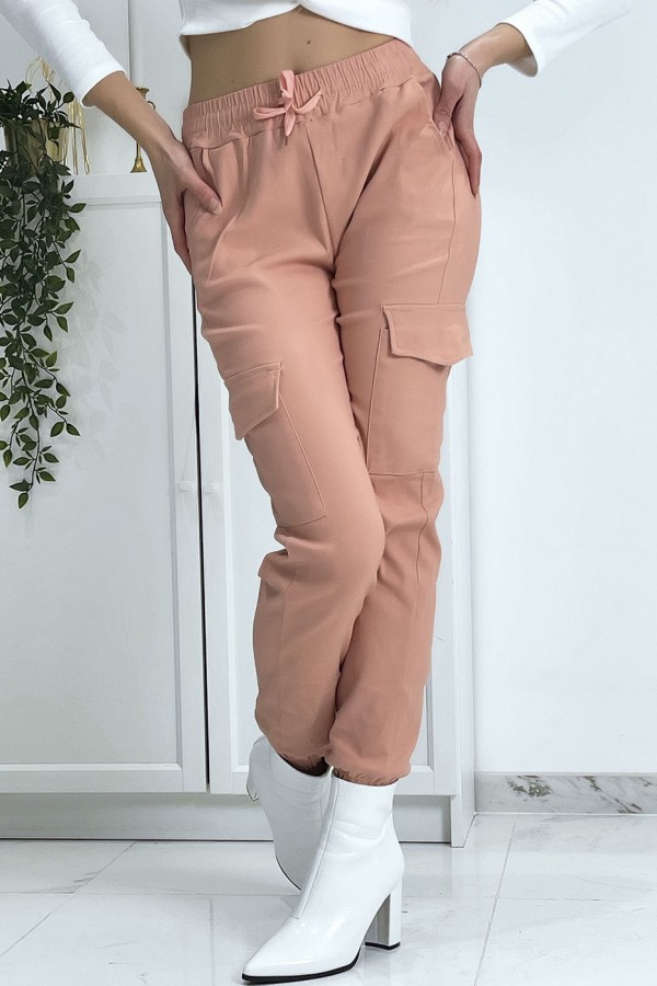 Pantalon treillis rose en strech avec poches - 5