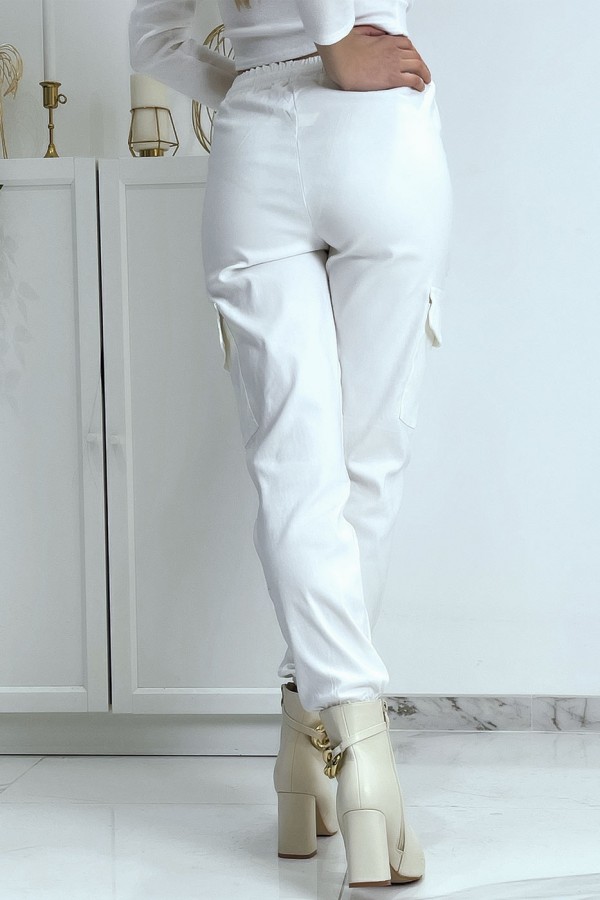 Pantalon treillis blanc en strech avec poches - 6