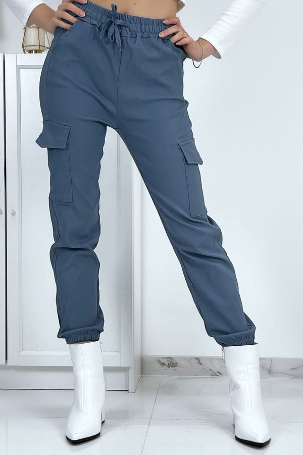 Pantalon treillis bleu en strech avec poches - 2