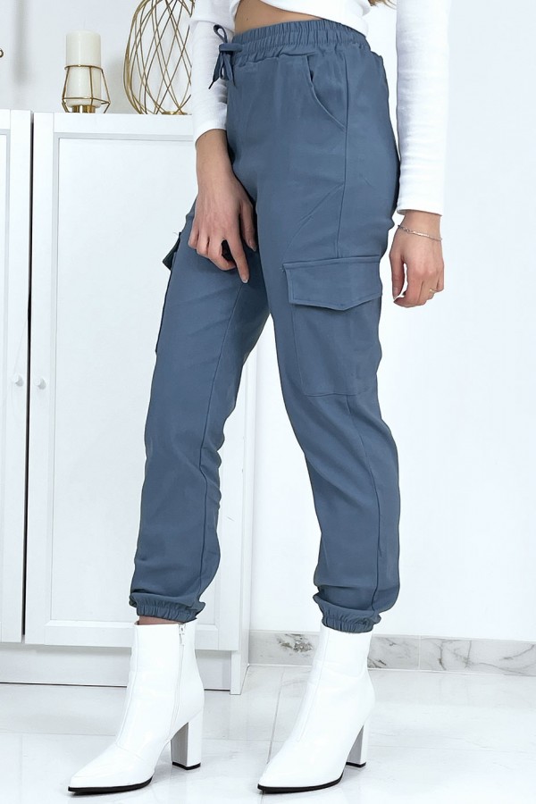 Pantalon treillis bleu en strech avec poches - 6