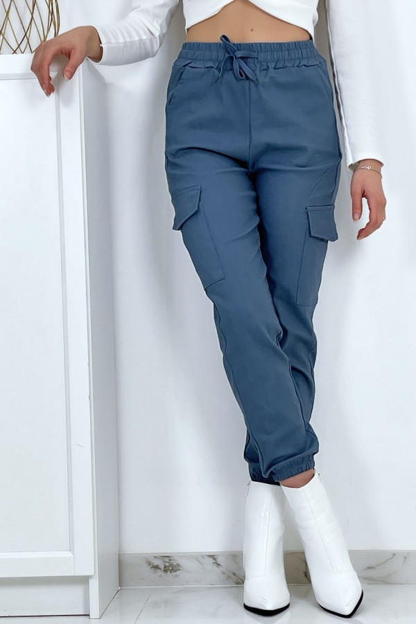 Pantalon treillis bleu en strech avec poches - 11