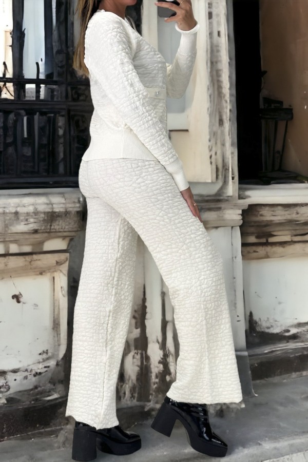 Ensemble blanc gilet et pantalon palazzo en jaquard très extensible - 4