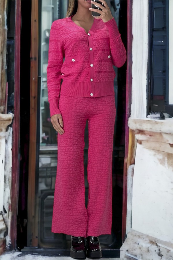 Ensemble fuchsia gilet et pantalon palazzo en jaquard très extensible - 2