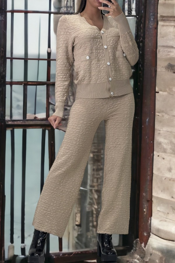 Ensemble taupe gilet et pantalon palazzo en jaquard très extensible - 2