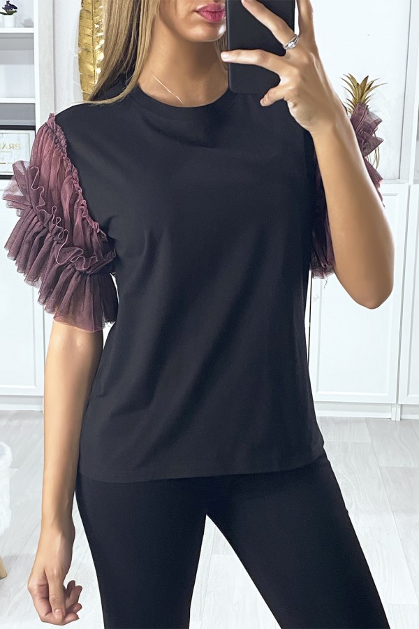 T-shirt noir avec manches en tulle lila - 2