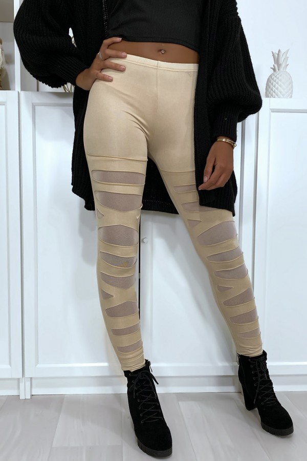 Legging beige avec joli motif coupé et doublé en résille - 1