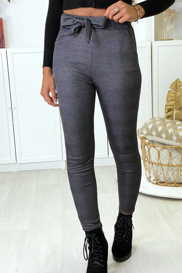 Pantalon slim à carreaux anthracite molletonné à l'intérieur avec poches et ceinture - 2