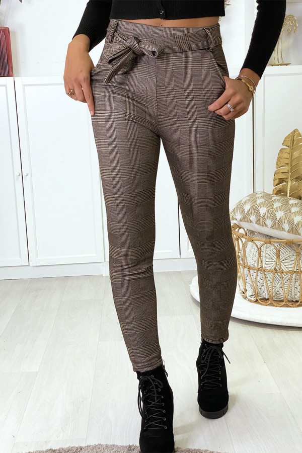 Pantalon slim à carreaux taupe molletonné à l'intérieur avec poches et ceinture - 1