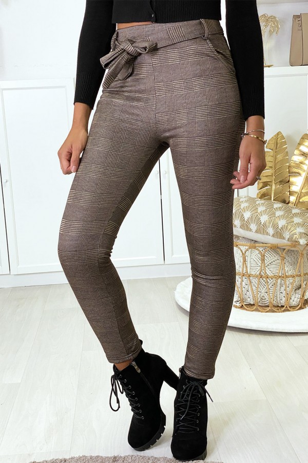 Pantalon slim à carreaux taupe molletonné à l'intérieur avec poches et ceinture - 2