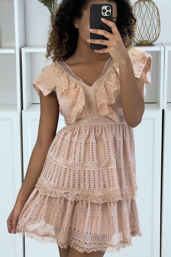 Robe patineuse rose à volants en dentelle - 1