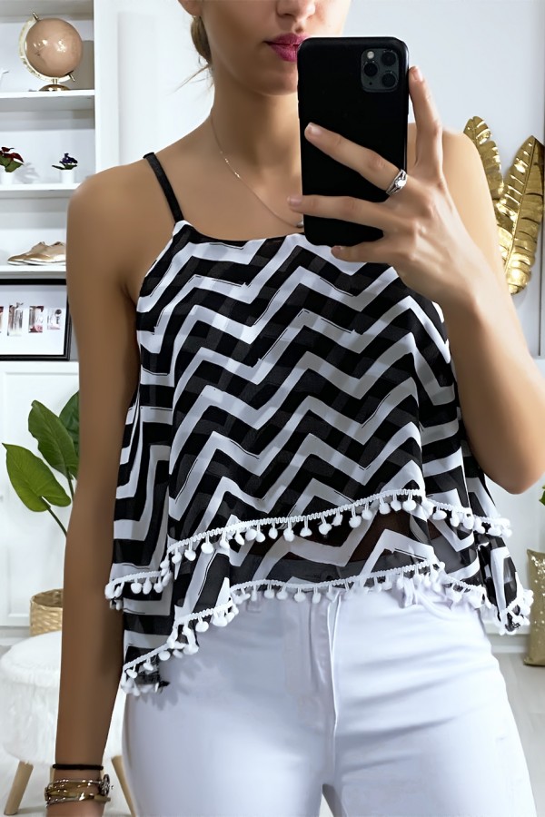 Débardeur à motif noir et blanc en forme de zigzag avec volant et mini pompon - 1