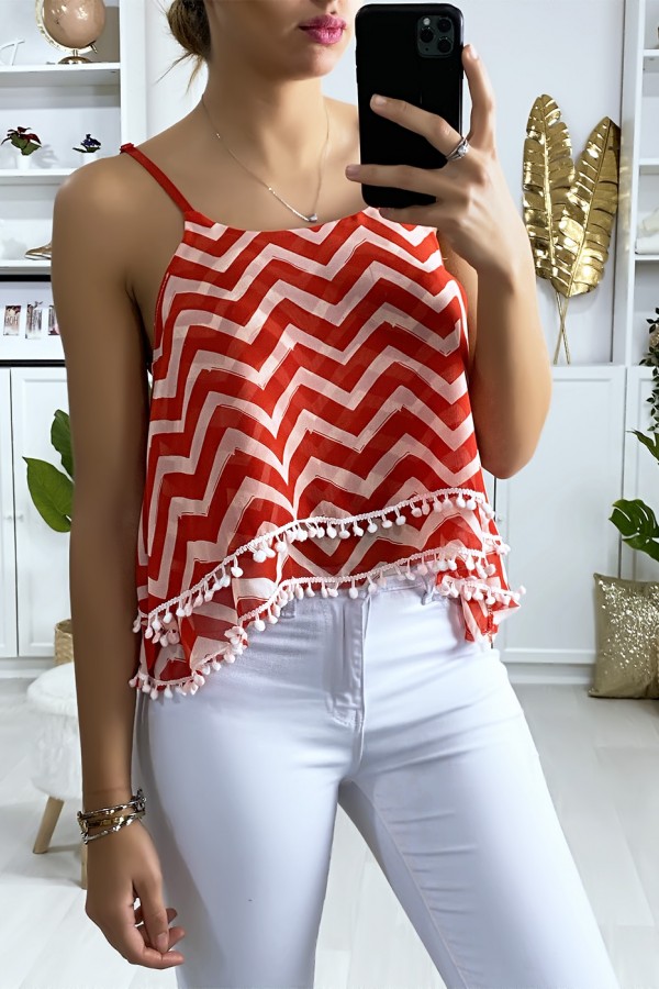 Débardeur à motif rouge et blanc en forme de zigzag avec volant et mini pompon - 2