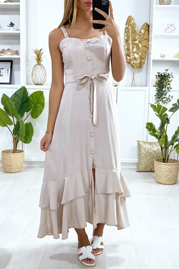 Longue robe beige à bretelle boutonné avec ceinture et volants - 2