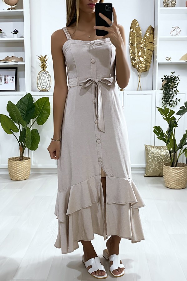 Longue robe beige à bretelle boutonné avec ceinture et volants - 4