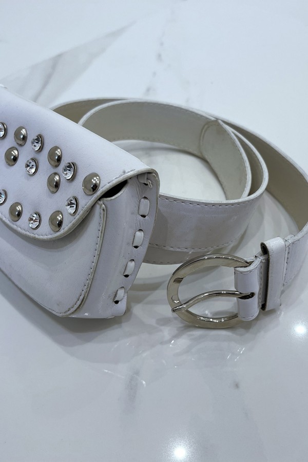 Ceinture blanche en simili brillant et pochette à strass et clou - 3