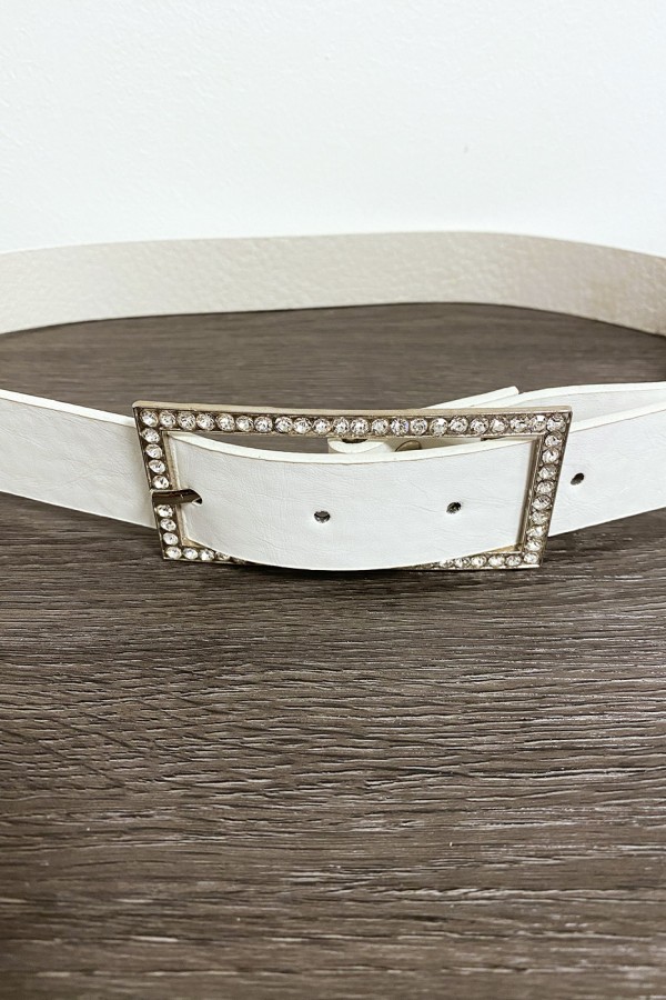 Ceinture blanche en simili avec boucle rectangulaire ornée de strass - 4