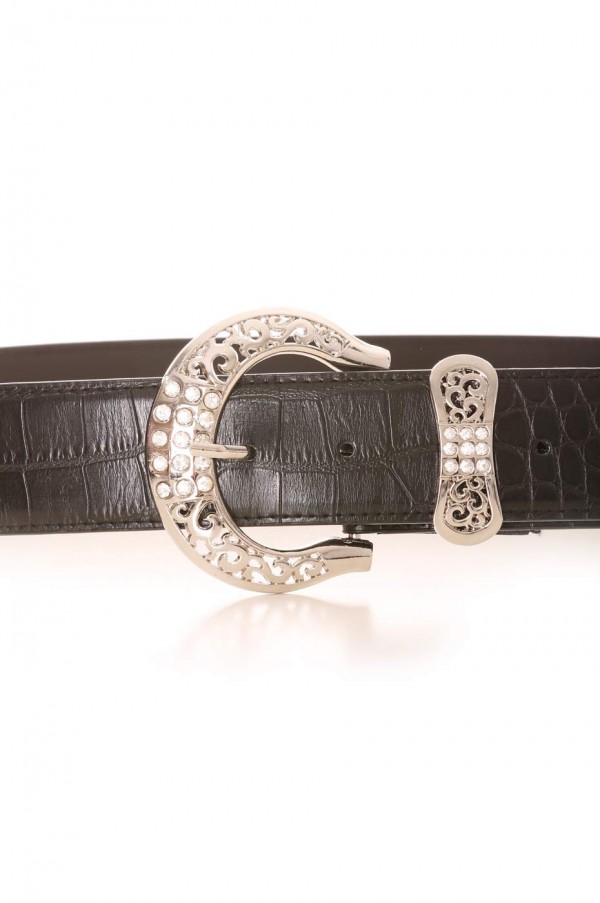 Ceinture marron effet crocro avec boucle à strass argentée et passant en forme de noeud. Accessoire PVC - 2