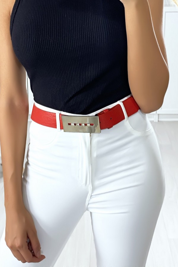 Ceinture rouge pour femme avec boucle rectangulaire et strass - 2