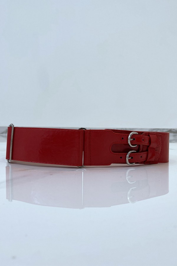 Ceinture rouge en simili à double boucle métallique - 3