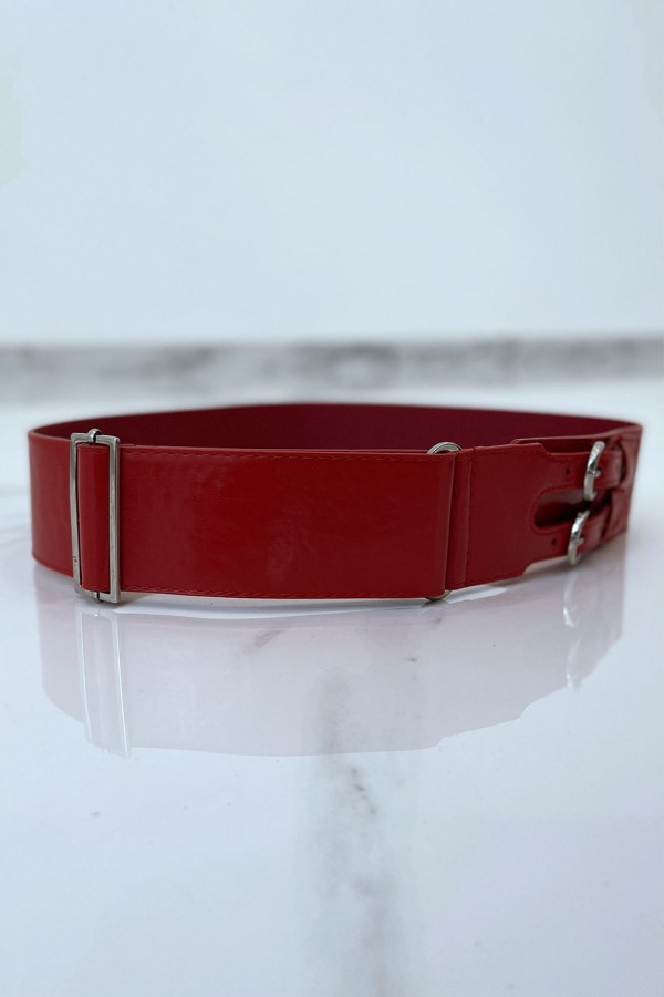 Ceinture rouge en simili à double boucle métallique - 7