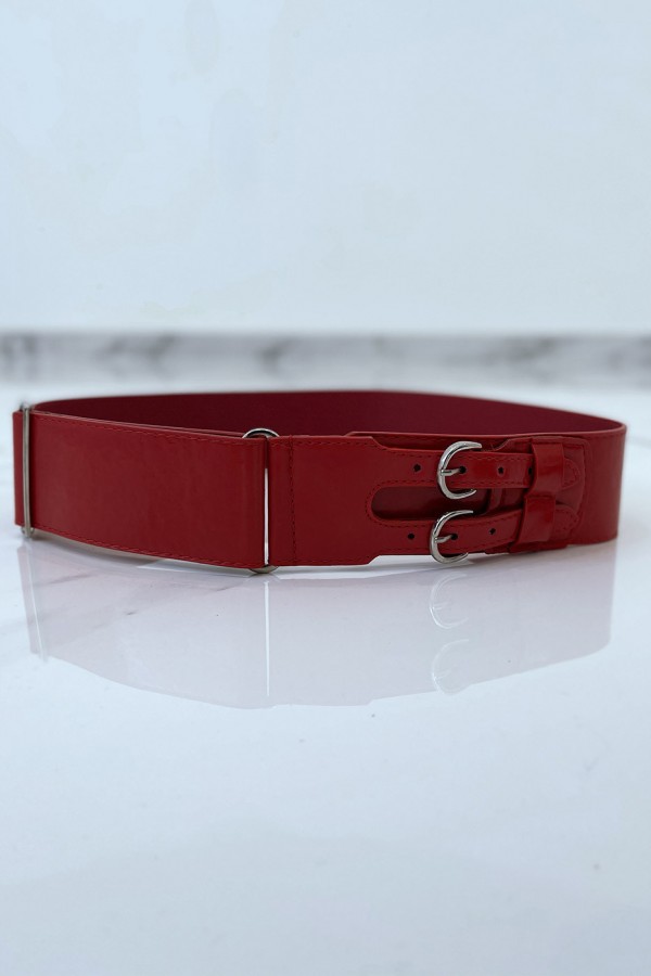 Ceinture rouge en simili à double boucle métallique - 8