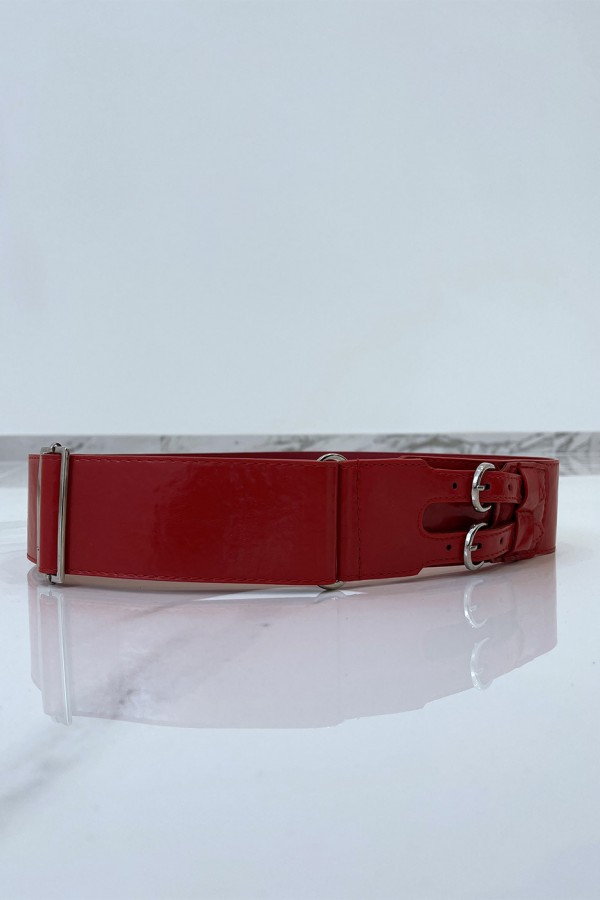 Ceinture rouge en simili à double boucle métallique - 9