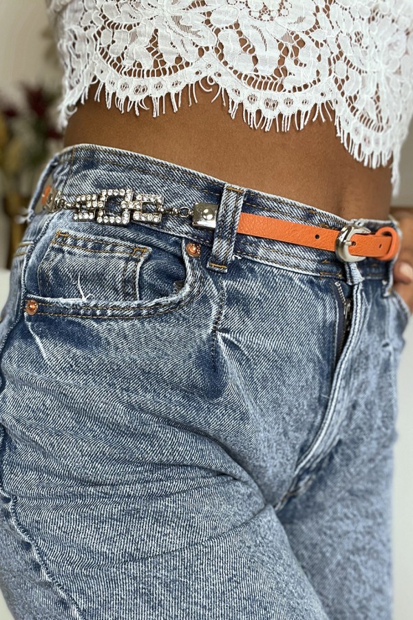 Fine ceinture orange avec accessoire et strass - 5