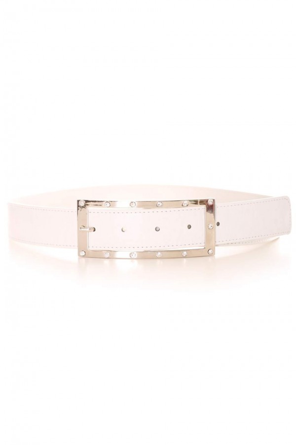 Ceinture blanche avec boucle rectangulaire argentée et strass. Accessoire 9008 - 1