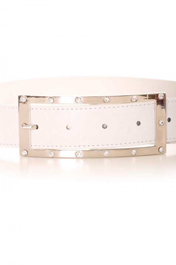 Ceinture blanche avec boucle rectangulaire argentée et strass. Accessoire 9008 - 2