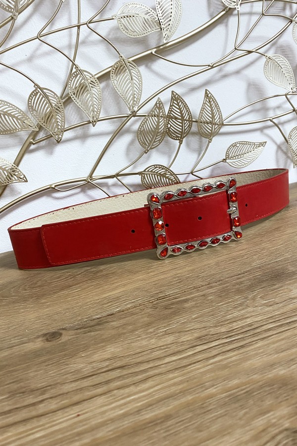 Ceinture rouge boucle rectangulaire ornée de strass - 3