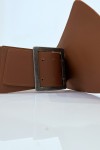 Ceinture asymétrique marron en tissus stretch et simili cuir et grosse boucle métallique - 3